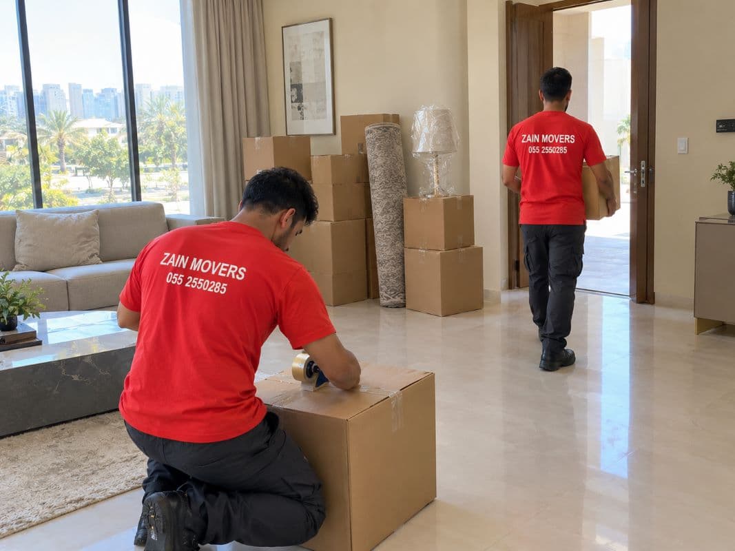 Zain Movers crew packing and dismantling furniture inside a Dubai apartment
